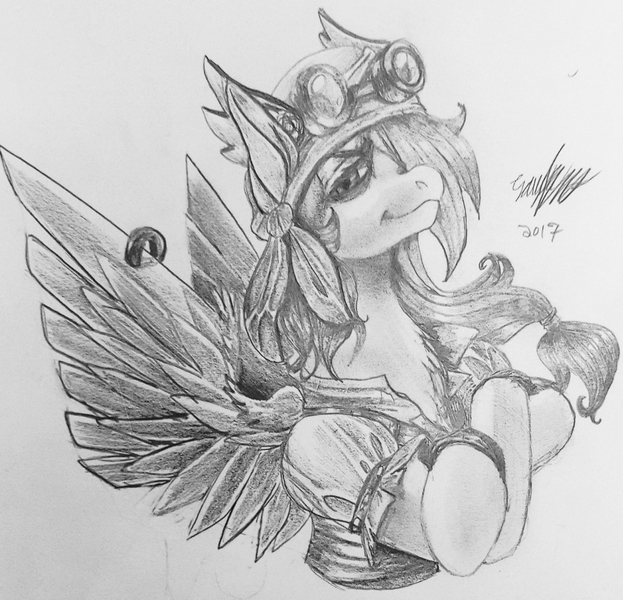 Size: 2560x2467 | Tagged: safe, artist:brainiac, derpibooru import, rainbow dash, pony, black and white, chest fluff, clothes, female, grayscale, mare, monochrome, piercing, pirate clothes, pirate rainbow dash, solo, traditional art, wing fluff, wing piercing