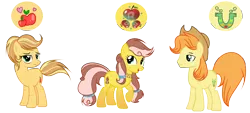 Size: 9561x4311 | Tagged: safe, artist:velveagicsentryyt, derpibooru import, oc, oc:apple cheek, oc:apple heart, oc:big apple, unofficial characters only, earth pony, pony, absurd resolution, female, male, mare, offspring, parent:applejack, parent:caramel, parents:carajack, siblings, simple background, stallion, transparent background