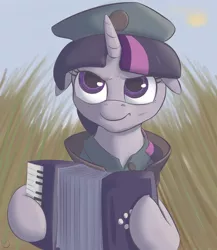 Size: 2000x2300 | Tagged: safe, artist:jellerjar, derpibooru import, twilight sparkle, pony, unicorn, accordion, dat face soldier, female, floppy ears, mare, meme, military, musical instrument, reference, remove kebab, serbia strong, solo