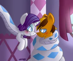 Size: 900x760 | Tagged: safe, artist:snakeythingy, derpibooru import, rarity, oc, oc:merc fox, lamia, original species, art trade, canon x oc, carousel boutique, coils, kaa eyes, lamity, looking at each other, mind control, story included