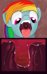 Size: 1125x1748 | Tagged: artist:feedfancier, derpibooru import, discord, drool, fanfic:a small issue, fangs, graffiti, implied vore, mawshot, open mouth, rainbow dash, solo, suggestive, uvula