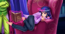 Size: 1275x680 | Tagged: alicorn, armchair, artist:racoonsan, ass, barefoot, bedroom eyes, blue hair, book, bookshelf, cape, changedling, changeling, clothes, cropped, crossed arms, derpibooru import, eyelashes, feet, female, glowing horn, horn, horned humanization, human, humanized, indoors, jeans, king thorax, levitation, light skin, long hair, magic, male, multicolored hair, pants, pink hair, purple hair, reading, safe, scene interpretation, smiling, standing, telekinesis, thorax, triple threat, twibutt, twilight's castle, twilight sparkle, twilight sparkle (alicorn), winged humanization, wings