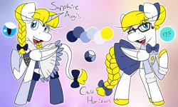 Size: 2500x1500 | Tagged: safe, artist:rosexknight, derpibooru import, oc, oc:gold horizon, oc:sapphire aegis, unofficial characters only, pegasus, pony, blonde, blonde hair, blue eyes, boots, bow, bowtie, braided pigtails, braided tail, clothes, fake horn, gem, glasses, hair bow, hair bun, jewelry, leonine tail, magical girl, magical girl outfit, reference sheet, school uniform, shoes, skirt, tail bow, tiara