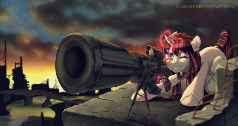 Size: 1500x798 | Tagged: safe, artist:ka-samy, derpibooru import, oc, unofficial characters only, pony, unicorn, city, cloud, debris, gun, magic, one eye closed, solo, sunset, war, wasteland, weapon