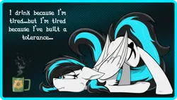 Size: 1024x583 | Tagged: safe, artist:dangercloseart, derpibooru import, oc, oc:danger close, unofficial characters only, pegasus, pony, coffee, cup, face down ass up, female, mare, solo, tired