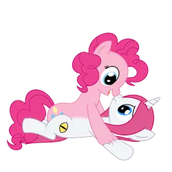 Size: 2000x2000 | Tagged: safe, artist:mlpconjoinment, derpibooru import, pinkie pie, oc, oc:vocal love, earth pony, pony, unicorn, boop, canon x oc, conjoined, cutie mark, fusion, irony, karma, noseboop, pink mane, pinned down, simple background, stuck together, tackled, this will end in tears, together forever, transparent background, we have become one, worried