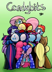 Size: 1600x2200 | Tagged: suggestive, artist:slavedemorto, derpibooru import, applejack, fluttershy, pinkie pie, rainbow dash, rarity, twilight sparkle, twilight sparkle (alicorn), alicorn, earth pony, pony, unicorn, comic:candybits, applebutt, balloonbutt, blushing, butt tower, clothes, comic cover, female, flutterbutt, line-up, looking at you, looking back, mane six, mane six plots, mare, panties, pile, plot, plot pile, plotline, polka dot underwear, pony pile, presenting, rainbutt dash, rearity, smiling, stockings, striped underwear, the ass was fat, thigh highs, tongue out, twibutt, underwear