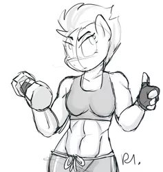 Size: 1280x1350 | Tagged: abs, anthro, artist:bluecoffeedog, clothes, derpibooru import, female, fingerless gloves, fitfire, gloves, muscles, pegasus, safe, sketch, solo, spitfire, sports bra, weight lifting, weights, workout outfit