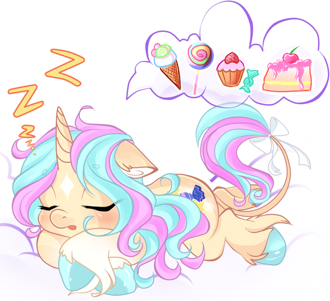 Size: 983x898 | Tagged: safe, artist:airiniblock, derpibooru import, oc, oc:sweet medley, unofficial characters only, classical unicorn, pony, unicorn, blushing, bow, cake, candy, cloud, cupcake, cute, dream, female, food, ice cream, leonine tail, lollipop, ocbetes, rcf community, sleeping, tail bow, unshorn fetlocks, zzz