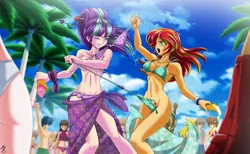 Size: 2600x1605 | Tagged: armpits, artist:mauroz, assisted exposure, beach, belly button, bikini, bikini top, breasts, busty starlight glimmer, busty sunset shimmer, catfight, clothes, clothing theft, cloud, derpibooru import, dessert, female, fight, flower pattern swimsuit, food, green swimsuit, human, humanized, humiliation, ice cream, imminent nudity, jeweled swimsuit, one eye closed, open mouth, o-ring swimsuit, polka dot swimsuit, public humiliation, purple swimsuit, sarong, side-tie bikini, sky, starlight glimmer, string bikini, suggestive, sunset shimmer, swimsuit, swimsuit theft, tree, undressing, untied bikini, wardrobe malfunction