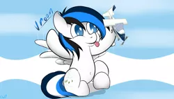 Size: 3500x2000 | Tagged: safe, artist:cloufy, derpibooru import, oc, oc:waver, unofficial characters only, pegasus, pony, aircraft, cutie mark, on one hoof, plane, simple background, solo, standing, text, tongue out, toy, white background