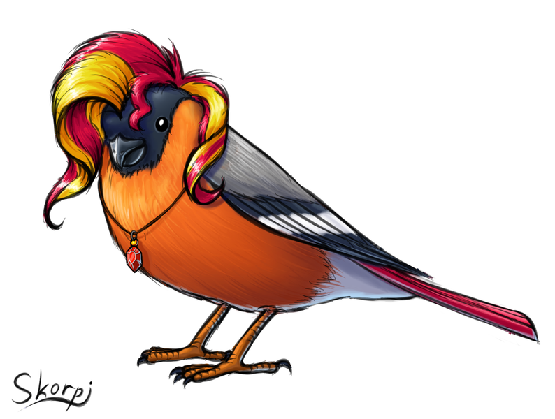 Size: 1308x989 | Tagged: artist:skorpionletun, birb, bird, birdified, bullfinch, chest fluff, derpibooru import, jewelry, male, necklace, rule 63, safe, signature, simple background, solo, species swap, sunset shimmer, wat, white background