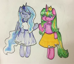 Size: 2339x2014 | Tagged: safe, artist:creamyfairy, derpibooru import, princess luna, oc, oc:sparkle fairy, anthro, unguligrade anthro, unicorn, anthro oc, clothes, dress, traditional art, watercolor painting