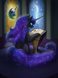 Size: 1024x1365 | Tagged: safe, artist:countessmrose, derpibooru import, nightmare moon, alicorn, pony, journal of the two sisters, alternate timeline, castle of the royal pony sisters, female, indoors, mare, missing cutie mark, nightmare takeover timeline, reading, sitting, solo