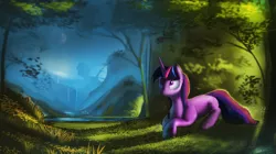 Size: 6000x3350 | Tagged: safe, artist:auroriia, derpibooru import, twilight sparkle, dragon, pony, unicorn, absurd resolution, crescent moon, female, forest, lake, mare, moon, river, scenery, tree, updated, waterfall