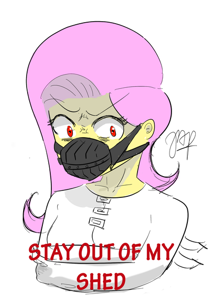 Size: 2480x3507 | Tagged: semi-grimdark, artist:nickyap90, derpibooru import, fluttershy, .mov, shed.mov, equestria girls, bondage, breasts, clothes, muzzle, stay out of my shed, straitjacket