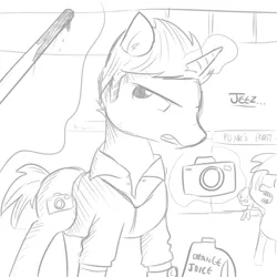 Size: 1650x1650 | Tagged: safe, artist:tjpones, derpibooru import, ponified, pony, undead, unicorn, zombie, zombie pony, baseball bat, blood, camera, clothes, dead rising, dialogue, frank west, grayscale, juice, magic, mall, monochrome, orange juice, simple background, telekinesis, white background