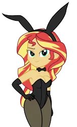 Size: 2486x4079 | Tagged: suggestive, artist:vanchees, derpibooru import, sunset shimmer, equestria girls, movie magic, spoiler:eqg specials, breasts, bunny ears, bunny suit, busty sunset shimmer, cleavage, clothes, female, hand on hip, leotard, pantyhose, sexy, simple background, solo, solo female, stupid sexy sunset shimmer, transparent background, vector