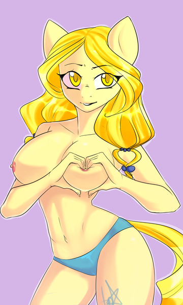 Size: 3000x5000 | Tagged: questionable, artist:bored_user, derpibooru import, oc, oc:clarity, unofficial characters only, anthro, earth pony, blue underwear, breasts, clothes, female, heart hands, heart shaped boob, nipples, nudity, panties, solo, solo female, underwear