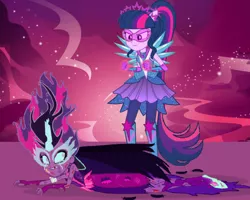 Size: 1024x821 | Tagged: semi-grimdark, artist:wesleyabram, derpibooru import, sci-twi, twilight sparkle, equestria girls, legend of everfree, beaten up, blood, broken horn, crying, crystal guardian, crystal wings, defeated, female, magic, midnight sparkle, ponied up, self paradox, story in the source