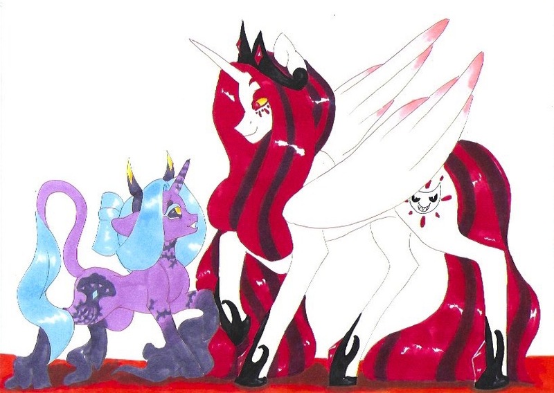 Size: 818x581 | Tagged: safe, artist:frozensoulpony, derpibooru import, oc, oc:loki, oc:stellar rays, unofficial characters only, alicorn, unicorn, male, offspring, parent:comet tail, parent:twilight sparkle, parents:cometlight, stallion, traditional art, unshorn fetlocks