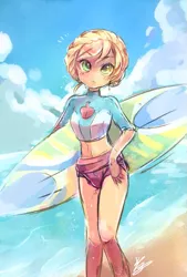 Size: 567x839 | Tagged: safe, artist:sibashen, derpibooru import, applejack, equestria girls, equestria girls series, beach, beach adventures, clothes, cloud, cute, equestria girls minis, female, jackabetes, ocean, shorts, sky, solo, surfboard, surfing