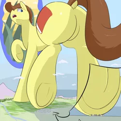 Size: 4000x4000 | Tagged: safe, artist:mrrowboat, derpibooru import, oc, oc:tomson, unofficial characters only, earth pony, pony, absurd resolution, city, dock, extra thicc, giant pony, giant/macro earth pony, grass, huge, looking back, macro, male, massive, open mouth, plot, rear view, river, solo, stallion, underhoof