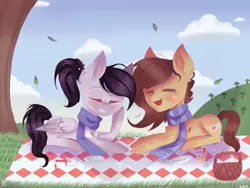 Size: 2048x1536 | Tagged: safe, artist:mewmewsart, derpibooru import, oc, oc:coffee, oc:tess, unofficial characters only, earth pony, pegasus, pony, clothes, female, mare, picnic, prone, scarf