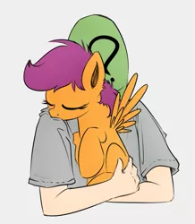 Size: 609x697 | Tagged: safe, artist:xioade, color edit, derpibooru import, edit, scootaloo, oc, oc:anon, human, pegasus, pony, carrying, colored, cuddling, cute, cutealoo, eyes closed, female, filly, holding a pony, hug, human on pony snuggling, scootalove, simple background, snuggling, spread wings, weapons-grade cute, white background, wings