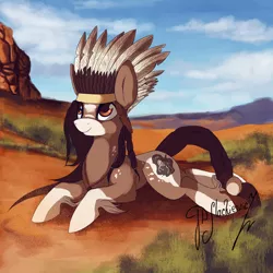 Size: 1200x1202 | Tagged: safe, artist:shivannie, derpibooru import, oc, oc:aiyanna, unofficial characters only, earth pony, pony, desert, female, headdress, mare, pinto, prone, smiling, solo