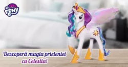 Size: 1200x628 | Tagged: blushing, derpibooru import, my little pony logo, princess celestia, romanian, safe, solo, toy