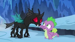 Size: 1280x720 | Tagged: artist:rememberstar, barb, changeling, derpibooru import, dragon, dragoness, duo, edit, edited screencap, female, mesosoma, red eyes, rule 63, safe, screencap, spike, the times they are a changeling, thorax