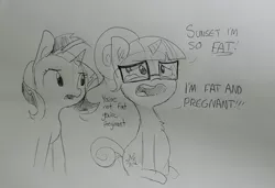 Size: 1868x1276 | Tagged: safe, artist:tjpones, derpibooru import, sci-twi, sunset shimmer, twilight sparkle, ponified, pony, unicorn, series:sciset diary, chest fluff, crying, dialogue, ear fluff, equestria girls ponified, female, glasses, grayscale, lesbian, monochrome, pregnant, scitwishimmer, shipping, sitting, sunsetsparkle, traditional art