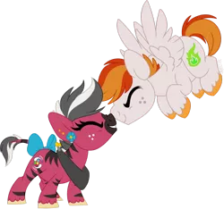 Size: 1024x959 | Tagged: safe, artist:kellythedrawinguni, derpibooru import, oc, oc:firenvy, oc:sciggles, unofficial characters only, pegasus, pony, zebra, bow, chibi, female, male, nuzzling, simple background, stallion, tail bow, transparent background, yoke, zebra oc