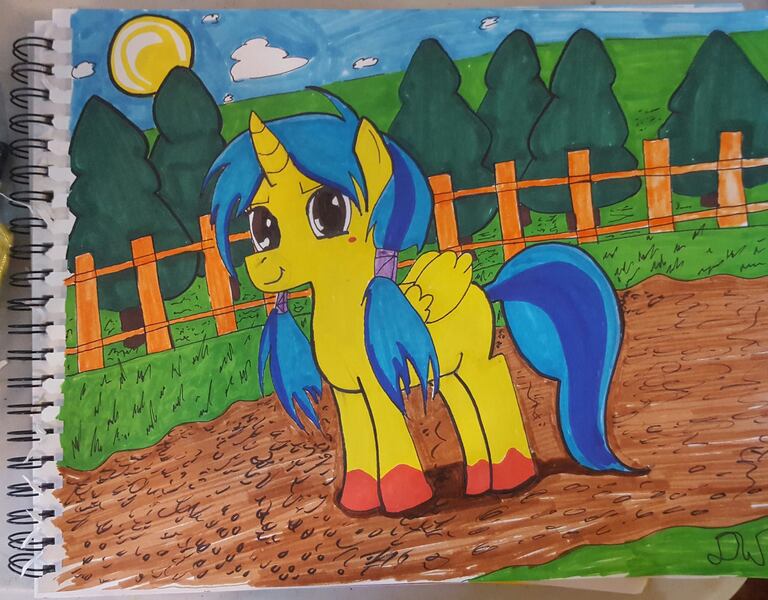 Size: 2048x1600 | Tagged: safe, artist:eubacta, derpibooru import, oc, unofficial characters only, alicorn, alicorn oc, female, fence, filly, pigtails, solo, sun, traditional art, tree