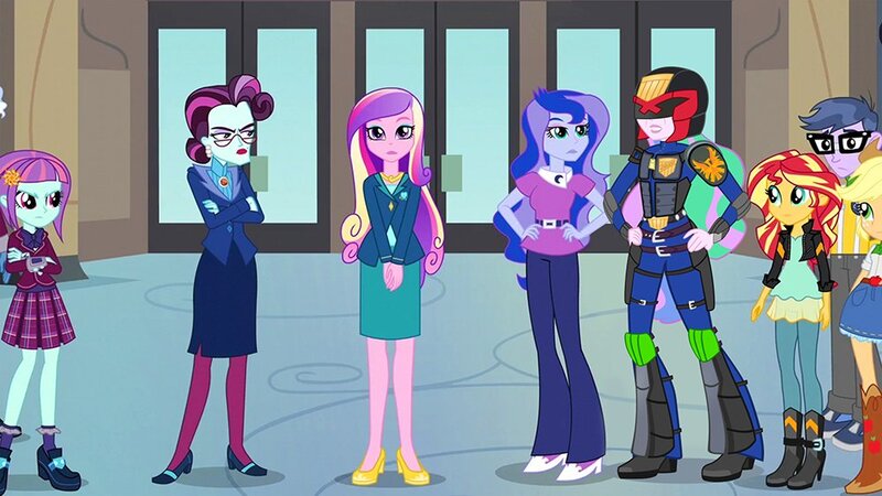 Size: 1000x563 | Tagged: safe, artist:pixelkitties, derpibooru import, edit, edited screencap, screencap, applejack, microchips, princess cadance, princess celestia, princess luna, principal abacus cinch, sunny flare, sunset shimmer, phoenix, equestria girls, friendship games, armor, badge, canterlot high, dean cadance, female, helmet, i am the law, judge dredd, judge dreddlestia, male, parody, principal celestia, symbol, vice principal luna, we couldn't fit it all in, welcome princess celest