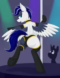 Size: 2975x3850 | Tagged: suggestive, artist:plaguerat, derpibooru import, oc, oc:snowfall, unofficial characters only, pegasus, pony, bedroom eyes, bipedal, black underwear, clothes, lace, leggings, lingerie, panties, pole dancing, stockings, stripper, stripper pole, thigh highs, underhoof, underwear, wings, ych result