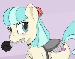 Size: 855x668 | Tagged: safe, artist:treekickerdraws, derpibooru import, coco pommel, earth pony, pony, blushing, clothes, cocobetes, collar, cute, female, maid, mare, mouth hold, saddle, solo, tack