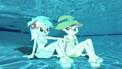 Size: 852x480 | Tagged: safe, artist:kevintoons915, artist:sb1991, derpibooru import, part of a set, bon bon, lyra heartstrings, sweetie drops, equestria girls, clothes, female, hat, lesbian, lyrabon, part of a series, sandals, shipping, sitting, story included, swimming pool, swimsuit, underwater, underwater eqg series