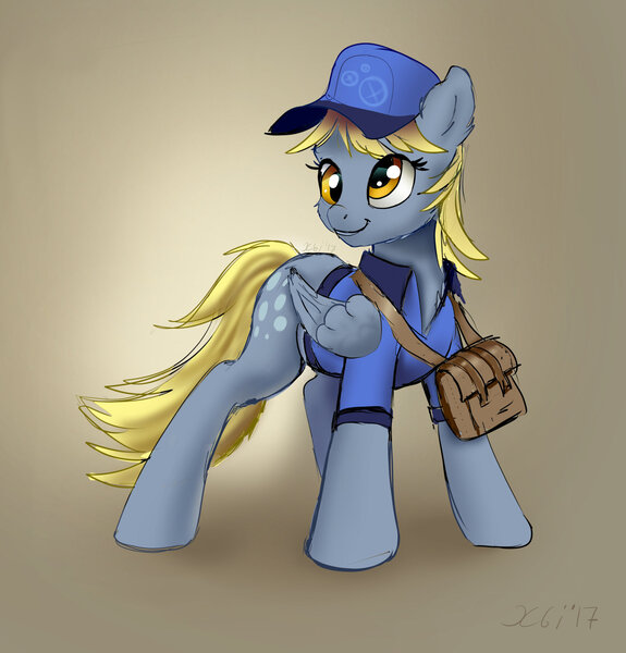 Size: 1500x1566 | Tagged: safe, artist:xbi, derpibooru import, derpy hooves, pegasus, pony, cap, clothes, female, gradient background, hat, mailbag, mailmare, mare, solo, uniform