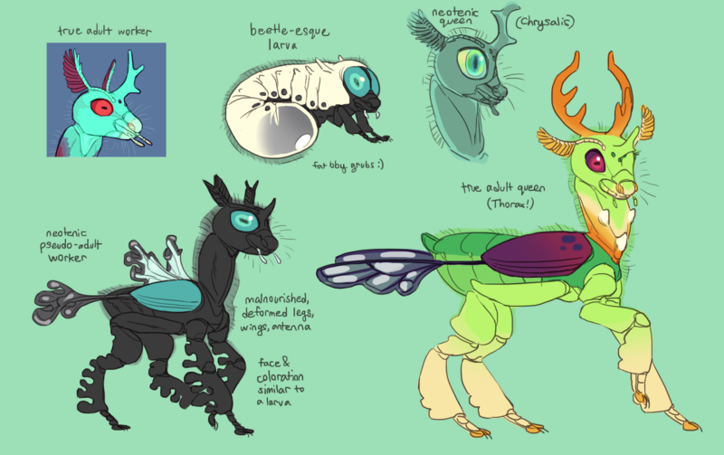 Size: 1743x1096 | Tagged: alternate design, artist:jayrockin, changedling, changeling, changeling king, changeling larva, changeling queen, derpibooru import, fluffy, grub, king thorax, queen chrysalis, realistic, safe, thorax, tiny sapient ungulates