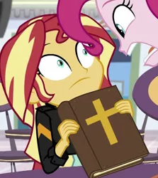 Size: 651x729 | Tagged: safe, derpibooru import, edit, edited screencap, screencap, pinkie pie, sunset shimmer, equestria girls, mirror magic, spoiler:eqg specials, /mlp/, bible, book, christian sunset shimmer, christianity, cropped, cross, meme, reaction image, religion