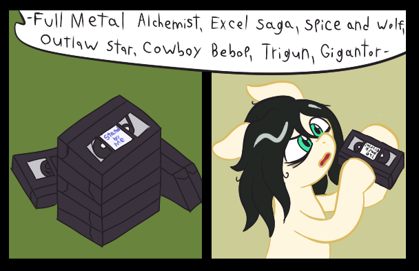 Size: 608x393 | Tagged: safe, artist:scraggleman, derpibooru import, oc, oc:floor bored, unofficial characters only, earth pony, pony, stand by me, 2 panel comic, comic, confused, dialogue, female, mare, offscreen character, vhs, vhs tapes