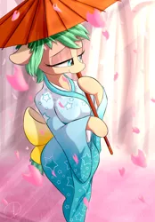 Size: 1180x1700 | Tagged: anthro, anthro oc, arm hooves, artist:phuocthiencreation, cherry blossoms, clothes, commission, curvy, derpibooru import, female, flower, flower blossom, kimono (clothing), lidded eyes, mare, oc, safe, smiling, solo, tree, umbrella, unguligrade anthro, unofficial characters only, ych result