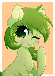 Size: 1760x2432 | Tagged: safe, artist:fluffymaiden, derpibooru import, oc, oc:flower, unofficial characters only, earth pony, pony, blushing, female, mare, one eye closed, solo, wink