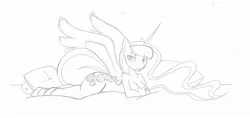 Size: 1988x939 | Tagged: alicorn, anthro, artist:rubbermage, barbie doll anatomy, bed, breasts, busty princess luna, derpibooru import, female, looking at you, luna is not amused, luna's room, nudity, pillow, princess luna, sketch, solo, solo female, suggestive, unamused, unguligrade anthro