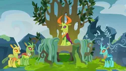 Size: 1920x1080 | Tagged: background changeling, changedling, changeling, changeling hive, clypeus, court, derpibooru import, king thorax, safe, screencap, sitting, thorax, throne, to change a changeling, tree, vine