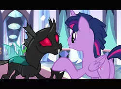 Size: 620x453 | Tagged: alicorn, artist:rememberstar, changeling, derpibooru import, deviantart muro, duo, dusk shine, edit, edited screencap, female, male, mesosoma, prince dusk, red eyes, rule 63, safe, screencap, stallion, the times they are a changeling, thorax, twilight sparkle, twilight sparkle (alicorn)
