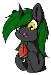 Size: 713x1052 | Tagged: safe, artist:kameomia, derpibooru import, oc, oc:soft spring, unofficial characters only, pony, unicorn, bust, female, food, mare, portrait, simple background, solo, transparent background, watermelon