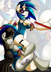 Size: 1000x1414 | Tagged: suggestive, artist:xjkenny, derpibooru import, octavia melody, vinyl scratch, anthro, earth pony, unguligrade anthro, unicorn, arm hooves, ass, breasts, busty octavia, busty vinyl scratch, clothes, duo, duo female, eyes closed, facesitting, female, fight, kiss my ass, leotard, mare, smiling, sports, wrestling, zoom layer